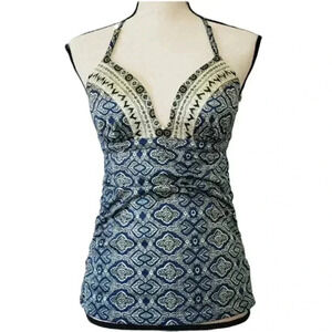 Athleta Aqualuxe Blue Printed Strappy Molded Tankini Swim Top
